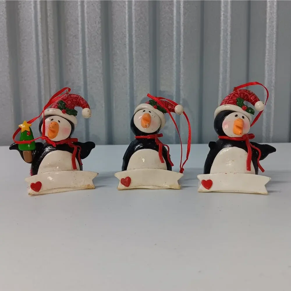 Penguin Christmas Ornaments Set of 3 Black Red Holiday Resin Banner